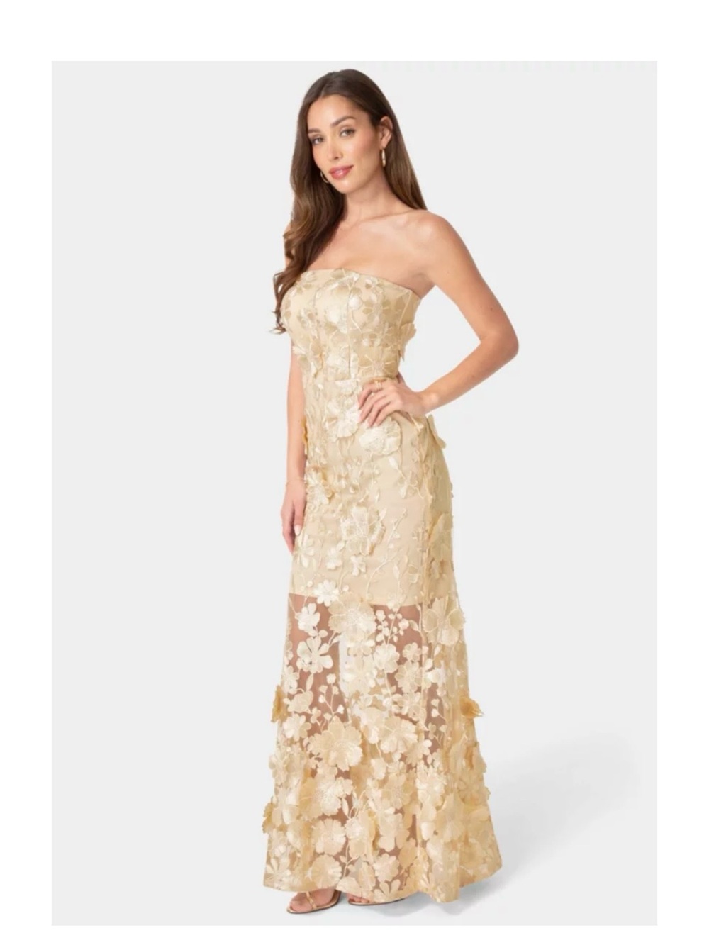Strapless Gold Floral Lace Evening Gown